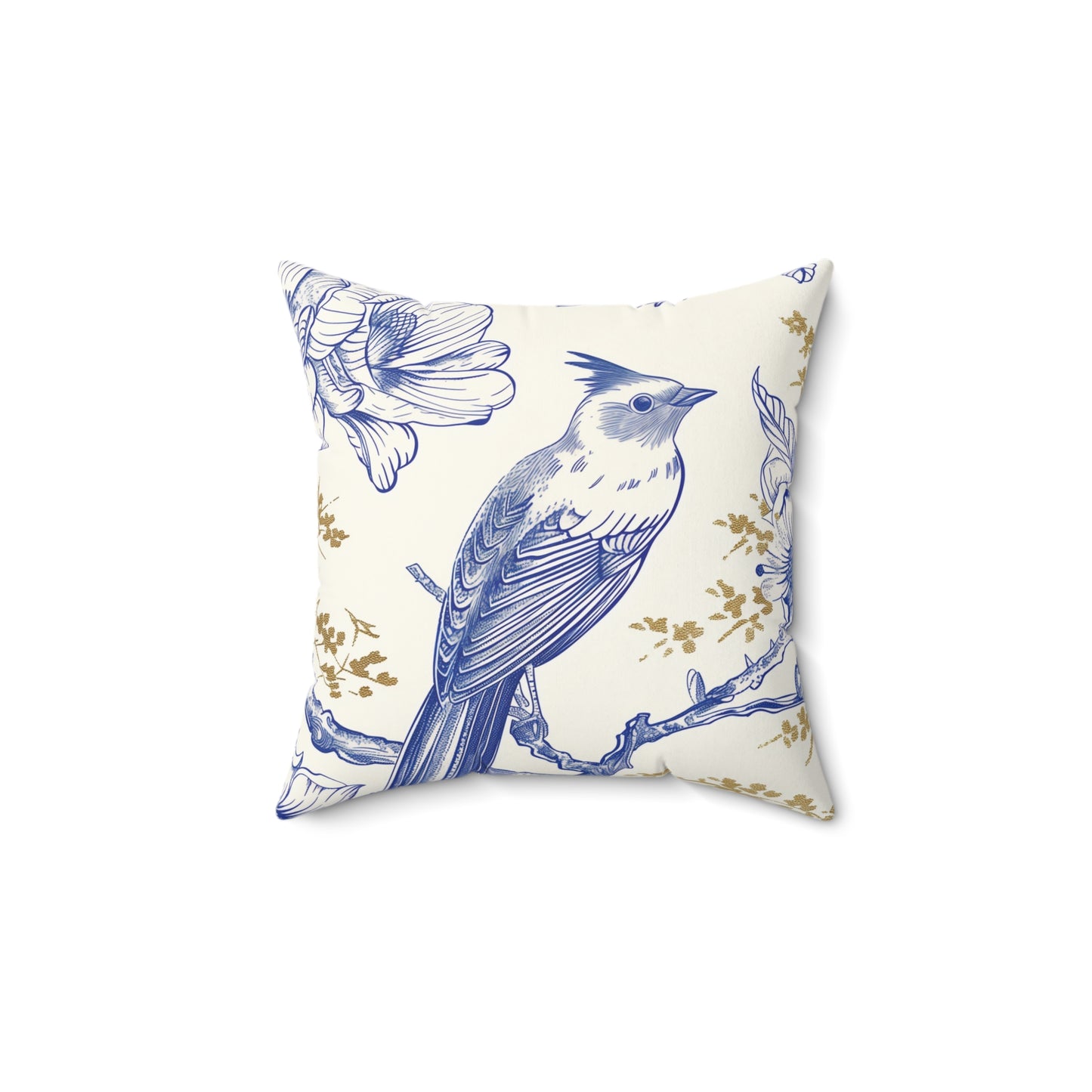 Flower Bird White, Gold, Blue Square Pillow