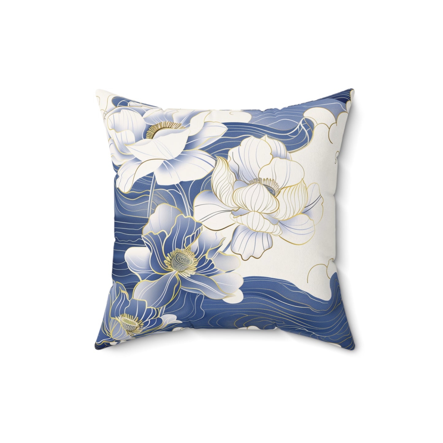 Floral White Gold & Blue Square Pillow