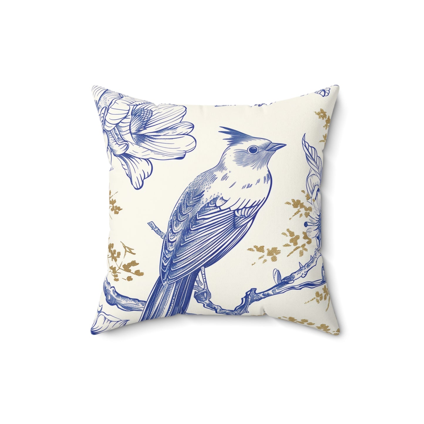 Flower Bird White, Gold, Blue Square Pillow