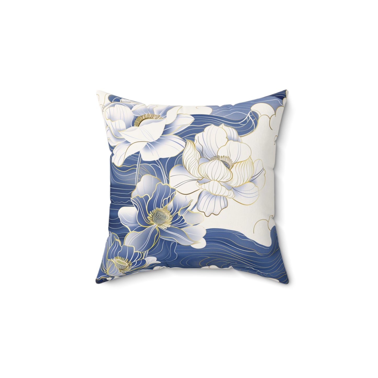 Floral White Gold & Blue Square Pillow