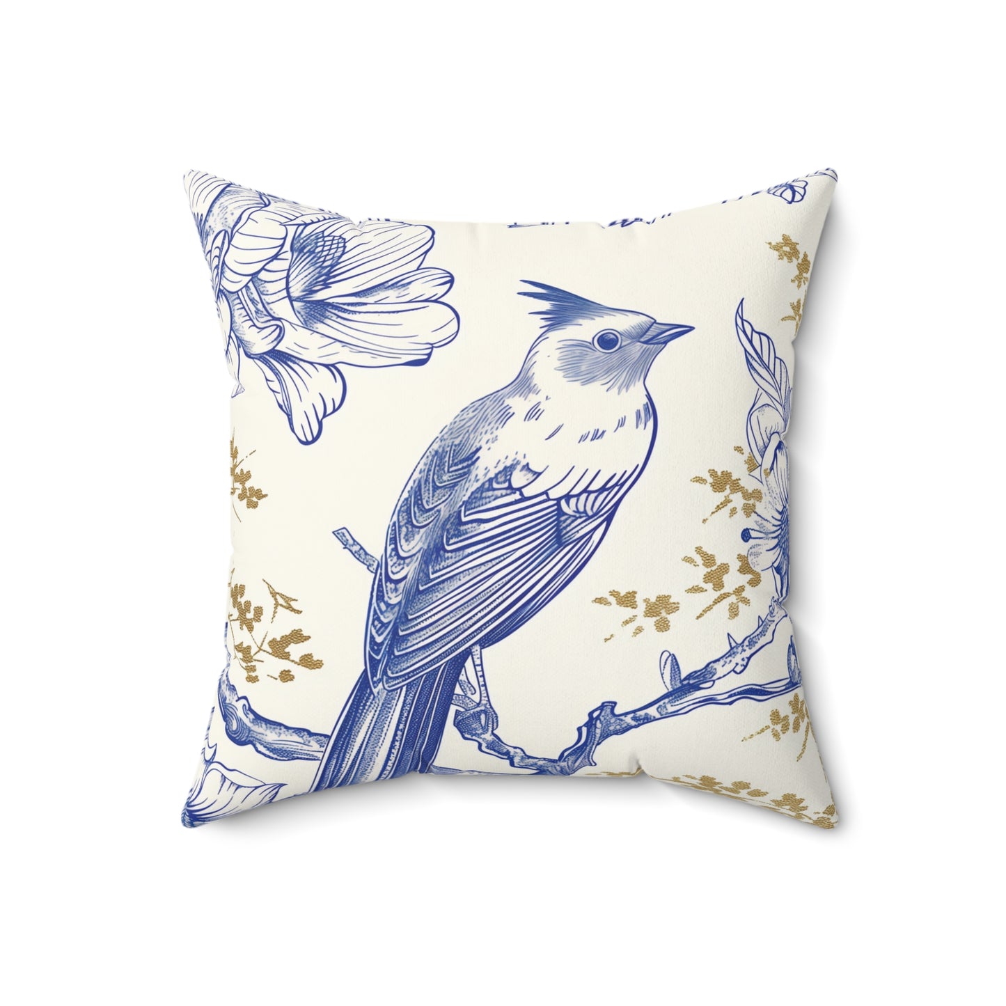 Flower Bird White, Gold, Blue Square Pillow