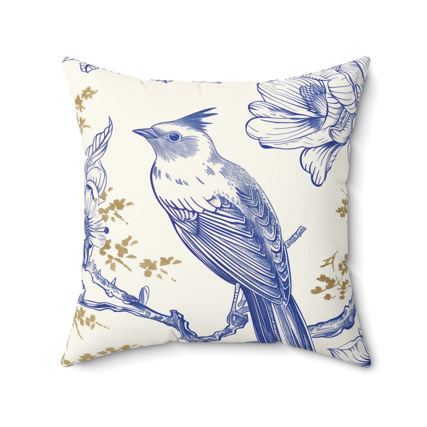 Flower Bird White, Gold, Blue Square Pillow