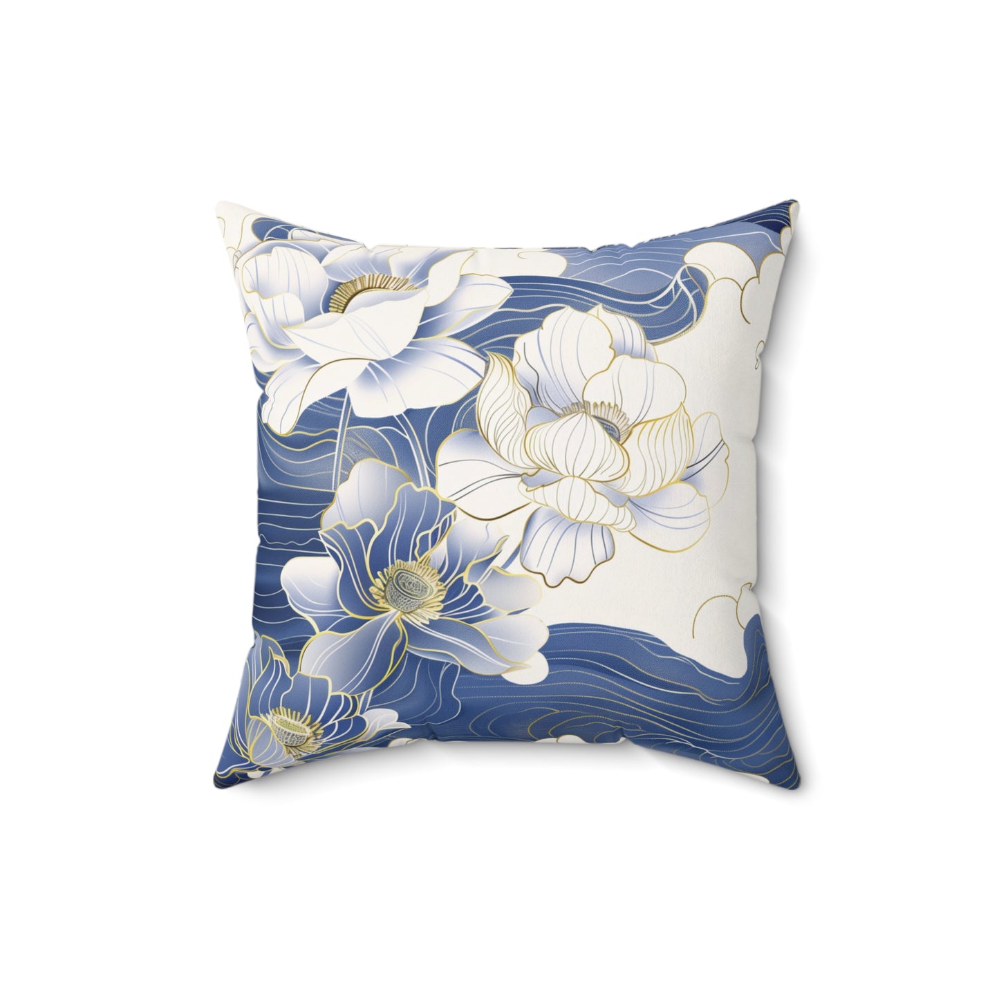 Floral White Gold & Blue Square Pillow
