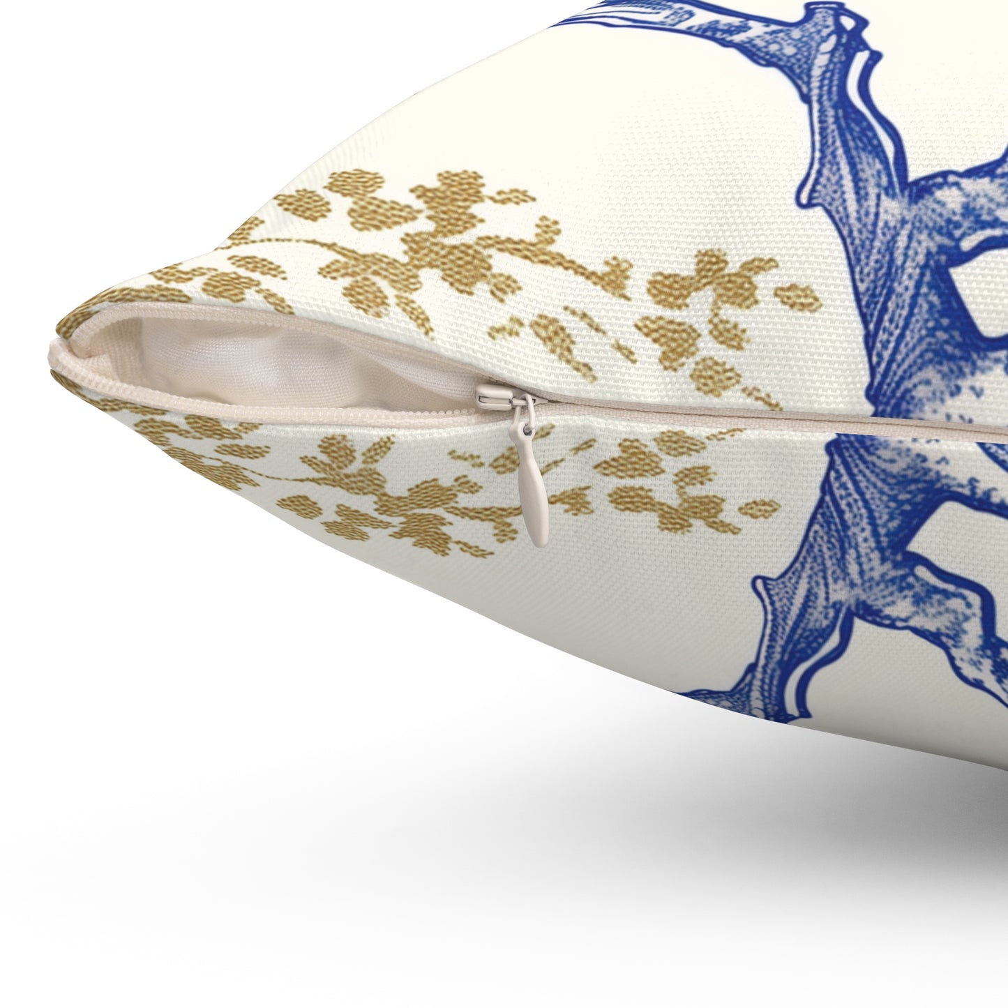 Flower Bird White, Gold, Blue Square Pillow