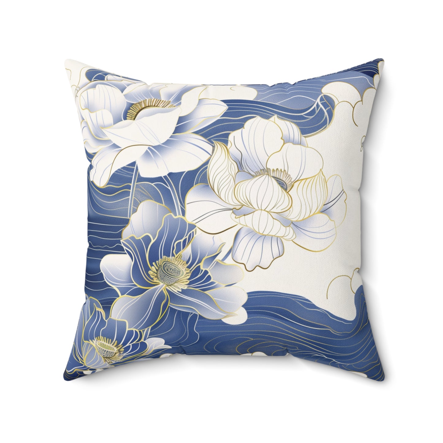 Floral White Gold & Blue Square Pillow