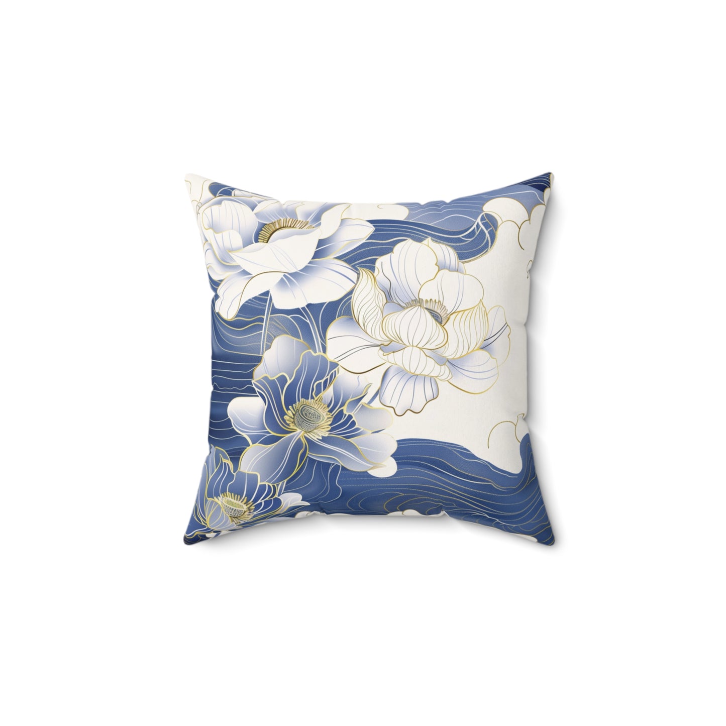 Floral White Gold & Blue Square Pillow