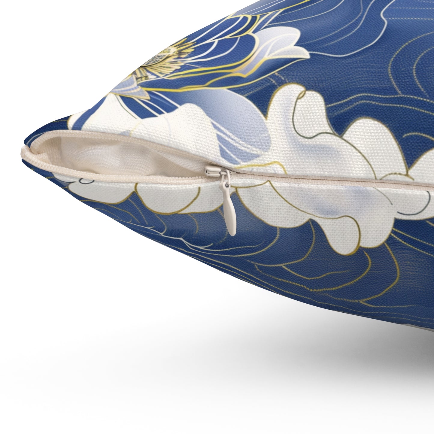 Floral White Gold & Blue Square Pillow