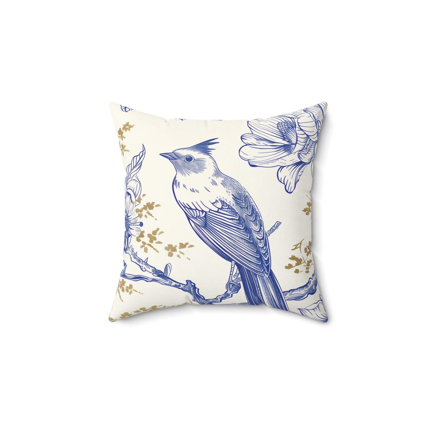 Flower Bird White, Gold, Blue Square Pillow