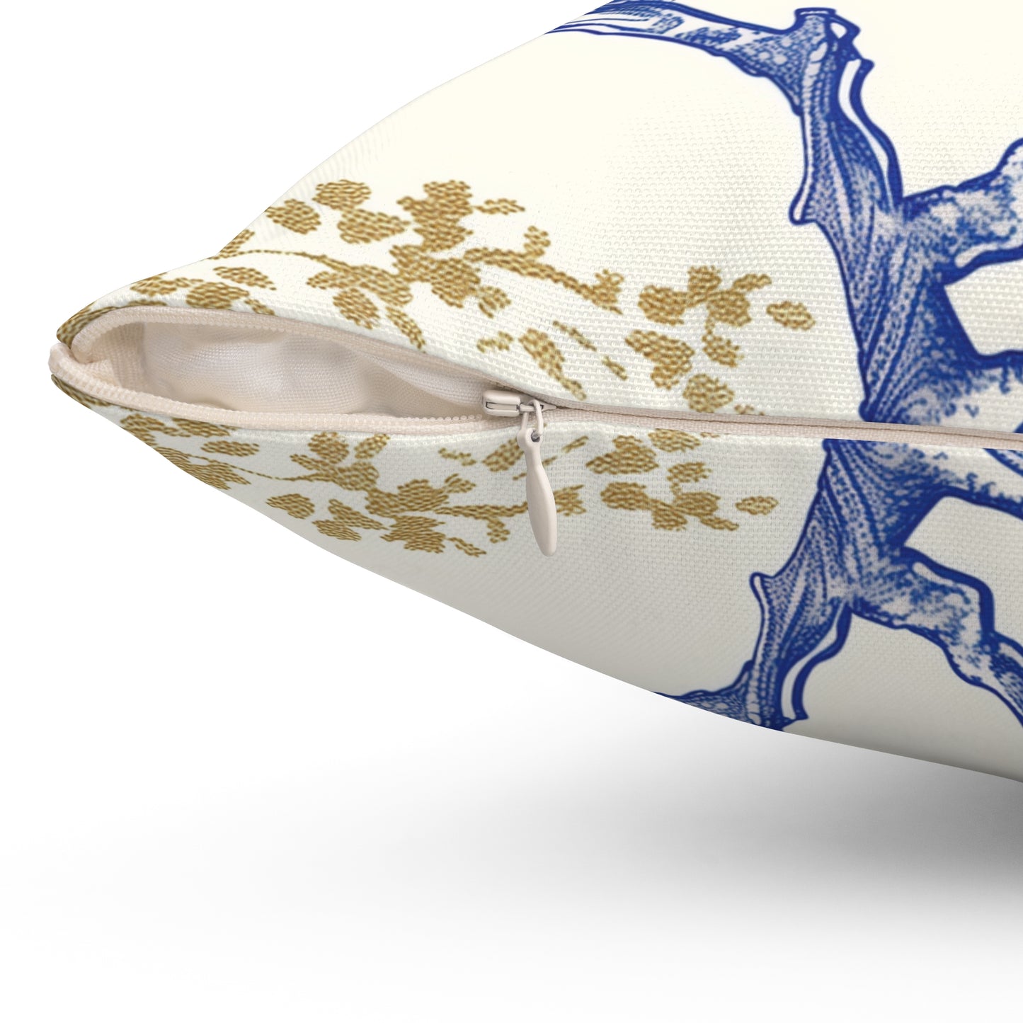 Flower Bird White, Gold, Blue Square Pillow