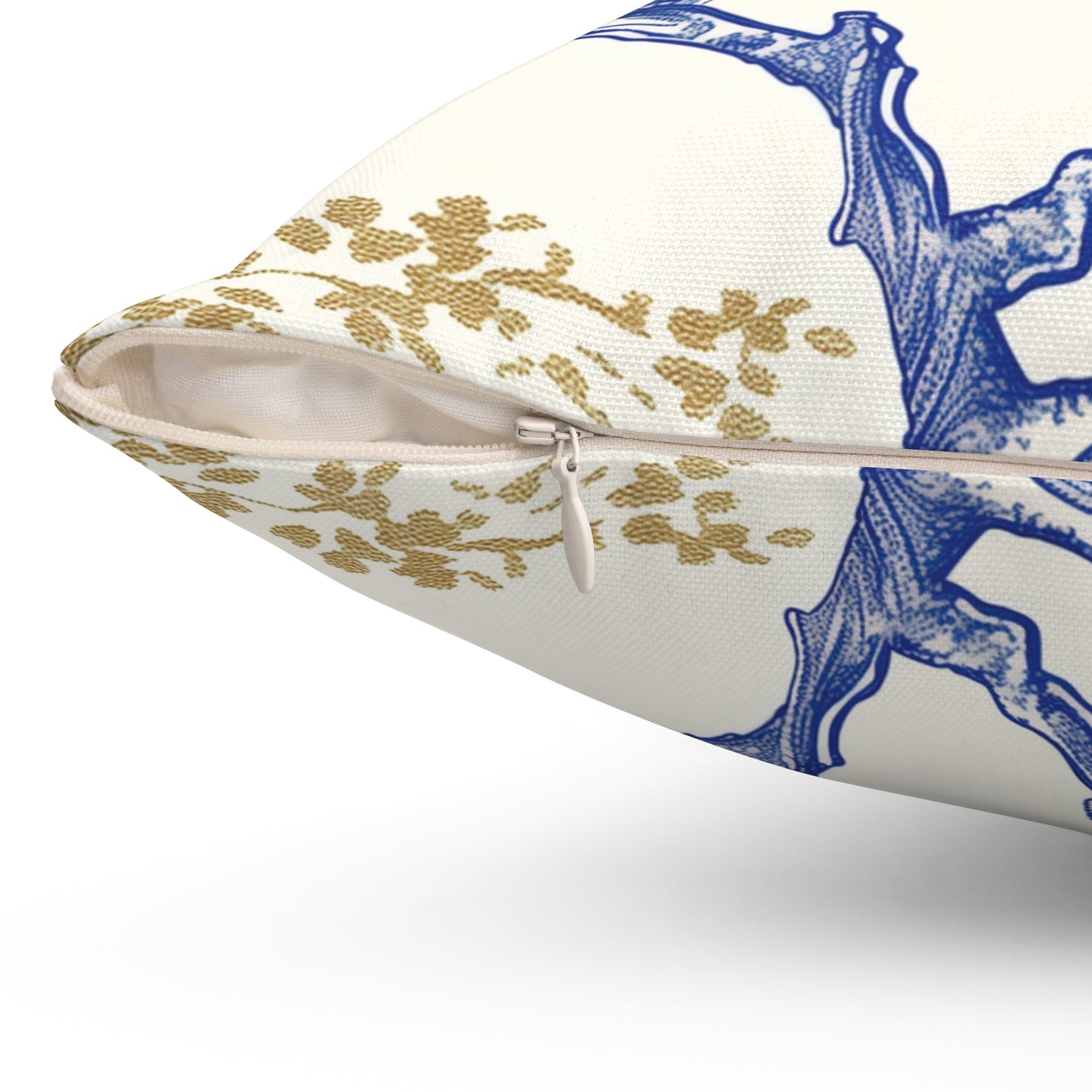 Flower Bird White, Gold, Blue Square Pillow