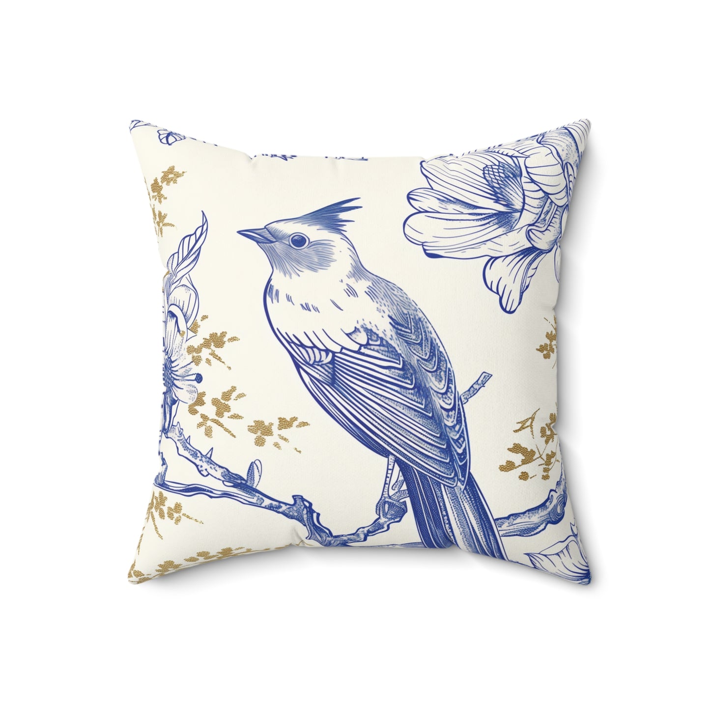Flower Bird White, Gold, Blue Square Pillow