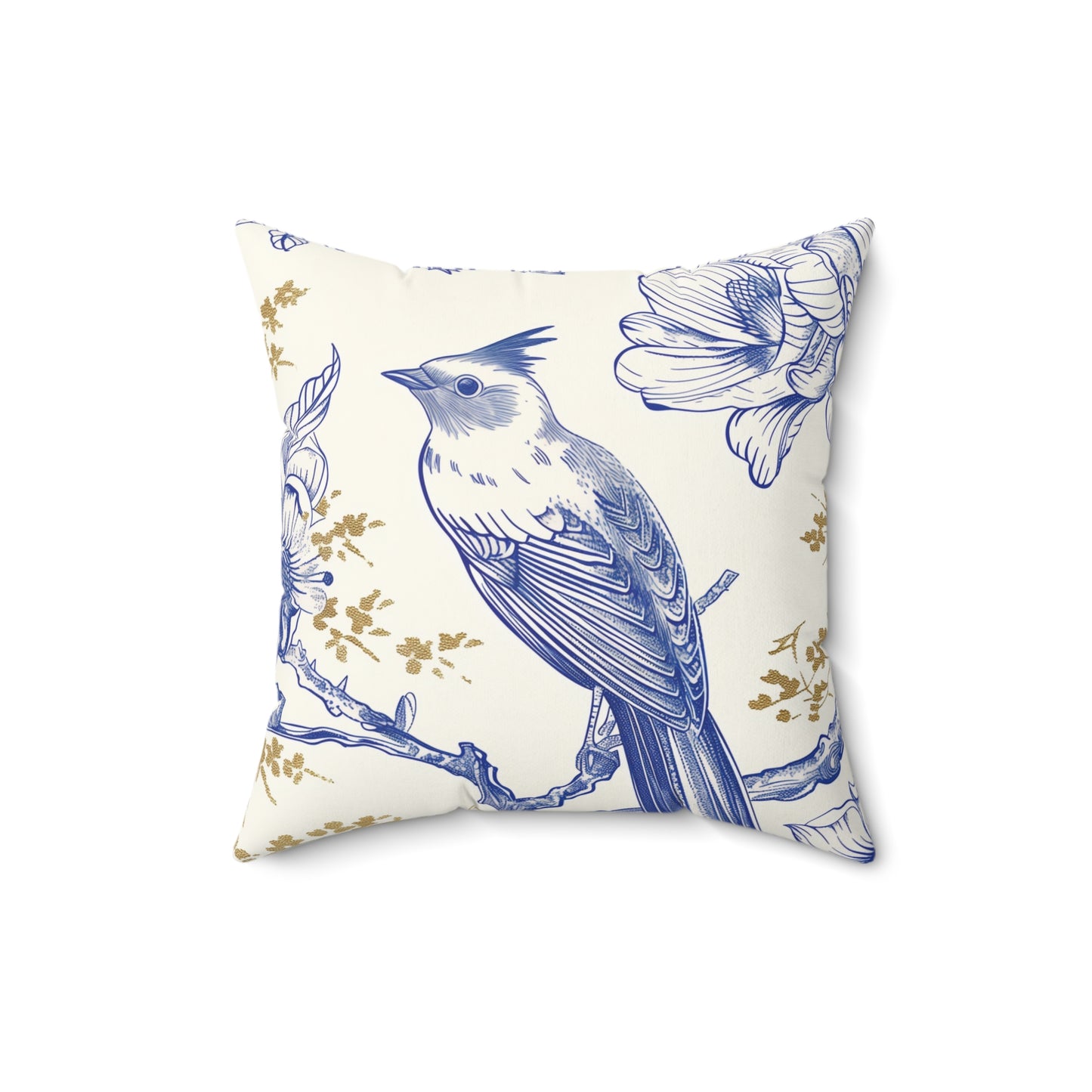 Flower Bird White, Gold, Blue Square Pillow