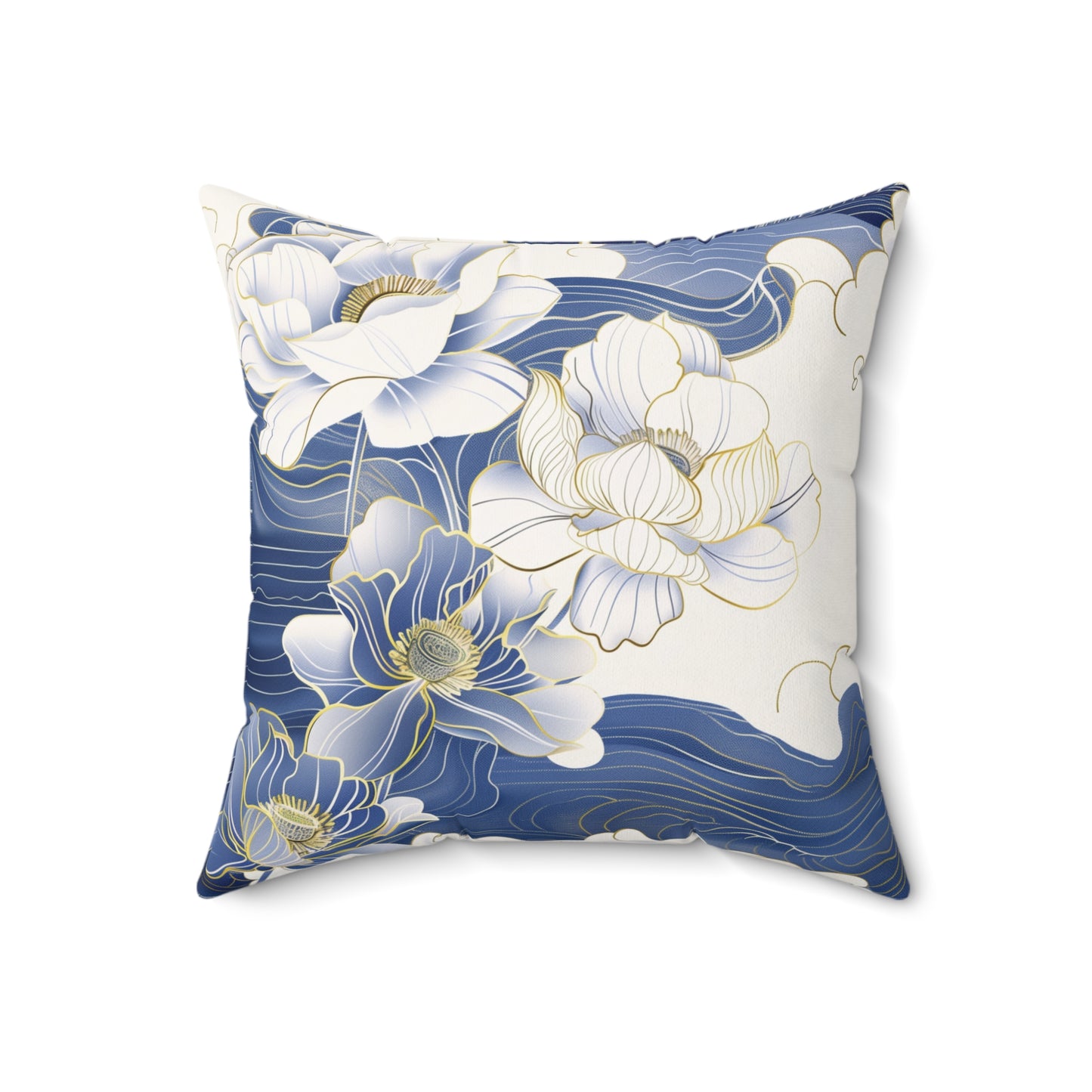 Floral White Gold & Blue Square Pillow