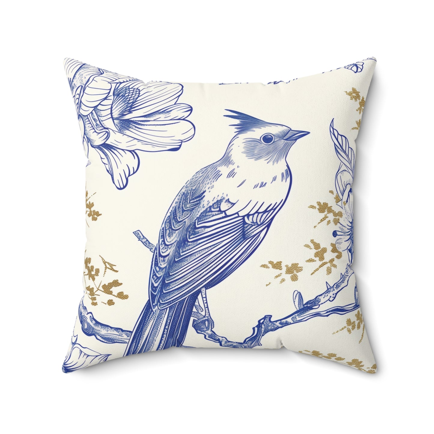 Flower Bird White, Gold, Blue Square Pillow